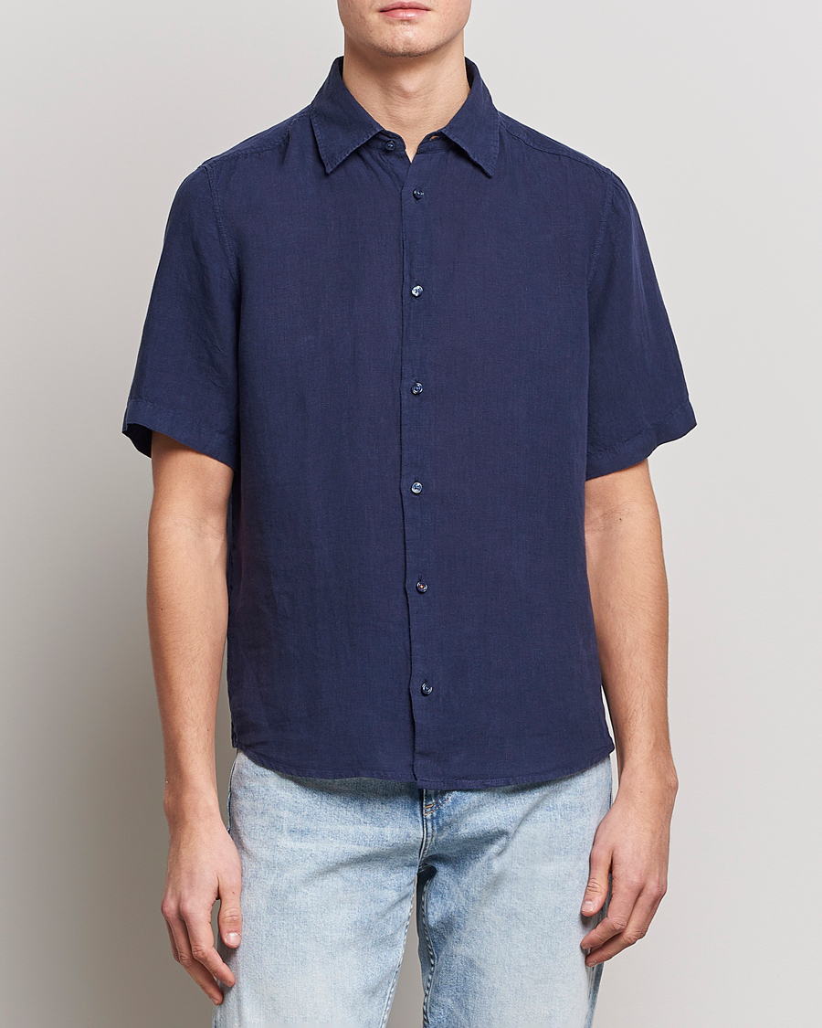 Mies | Kauluspaidat | BOSS ORANGE | Rash Linen Short Sleeve Shirt Navy