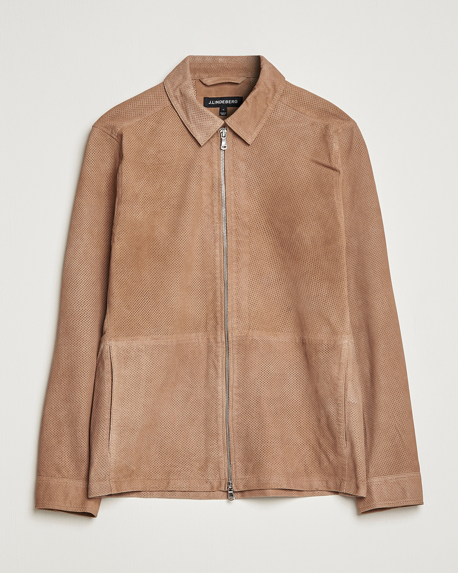 Mies | Takit | J.Lindeberg | Jonah Perforated Suede Overshirt Tiger Brown
