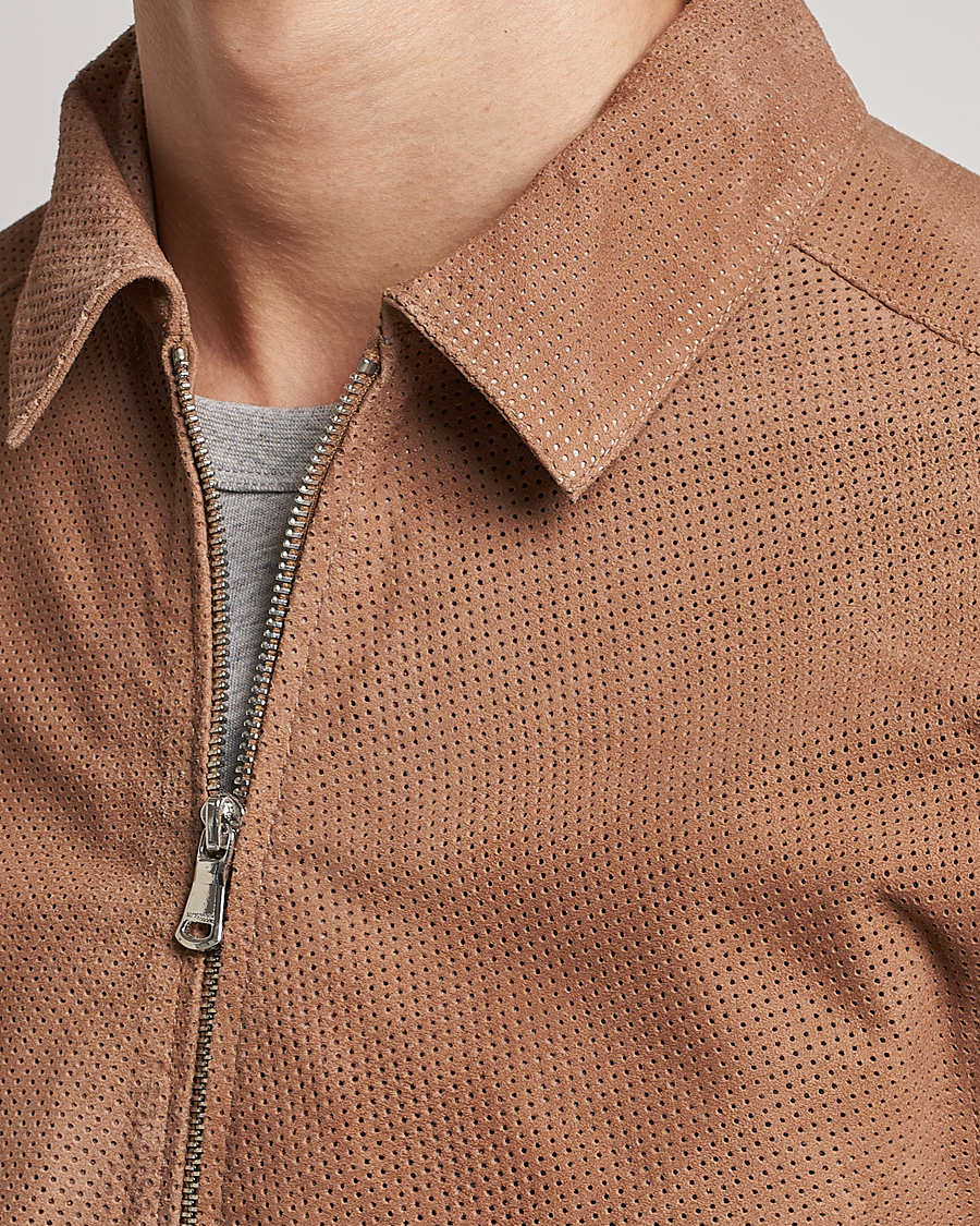Mies | Takit | J.Lindeberg | Jonah Perforated Suede Overshirt Tiger Brown