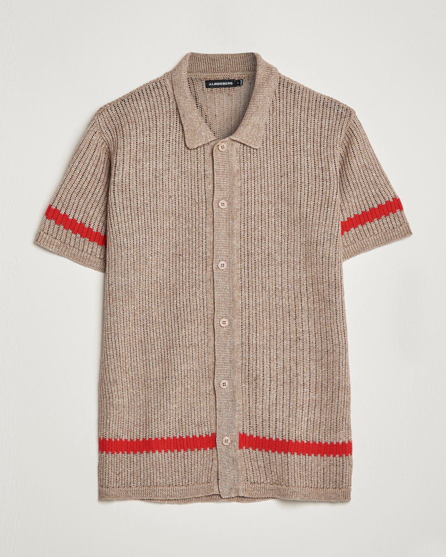 Mies | Kauluspaidat | J.Lindeberg | Sky Knitted Linen/Merino Short Sleeve Shirt Beige