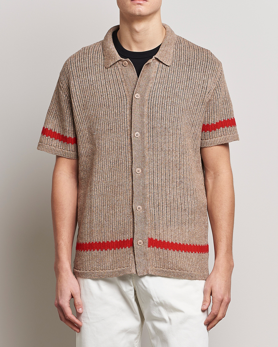 Mies | Kauluspaidat | J.Lindeberg | Sky Knitted Linen/Merino Short Sleeve Shirt Beige