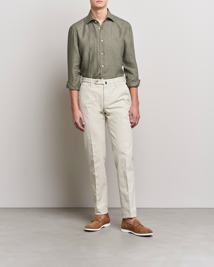 Mies | Kauluspaidat | Kiton | Linen Sport Shirt Olive