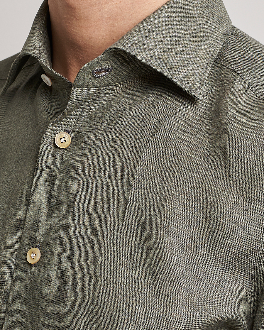 Mies | Kauluspaidat | Kiton | Linen Sport Shirt Olive