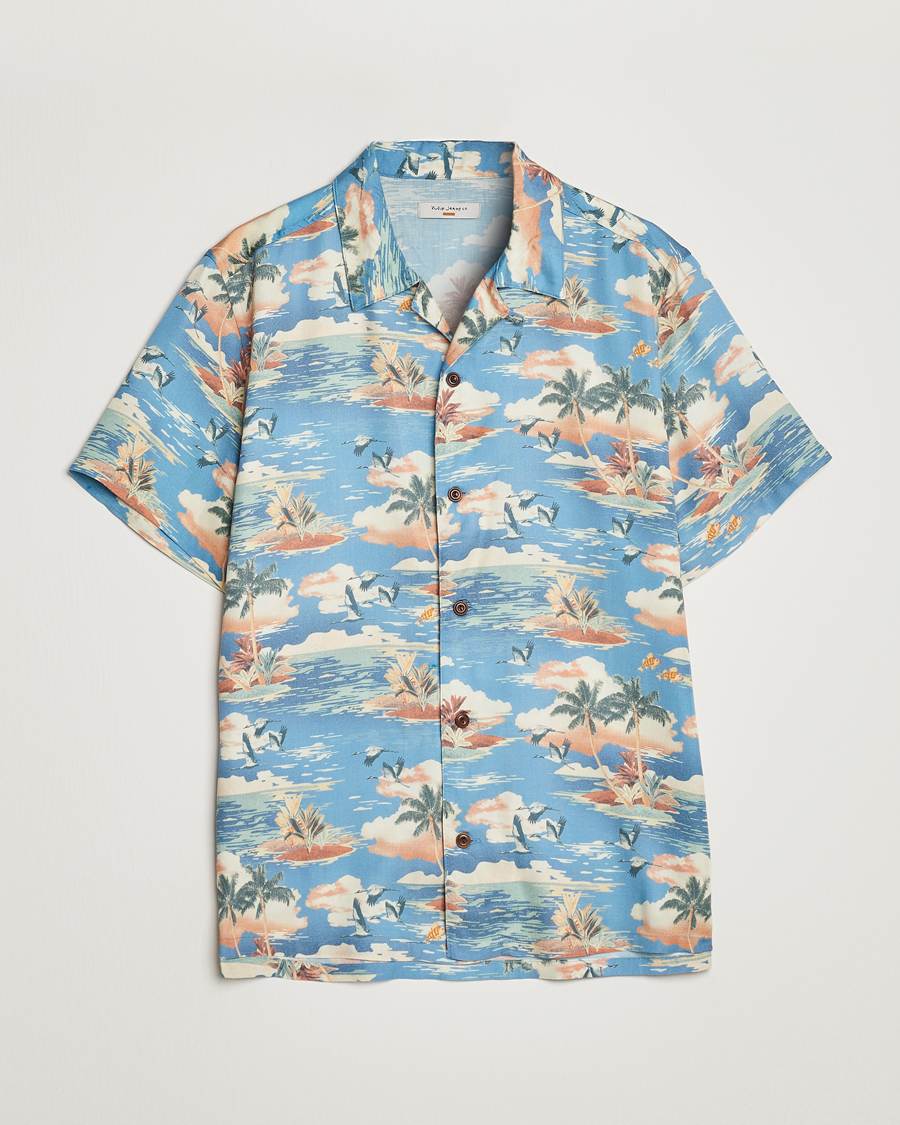 Mies | Kauluspaidat | Nudie Jeans | Arvid Printed Short Sleeve Shirt Hawaii Azure