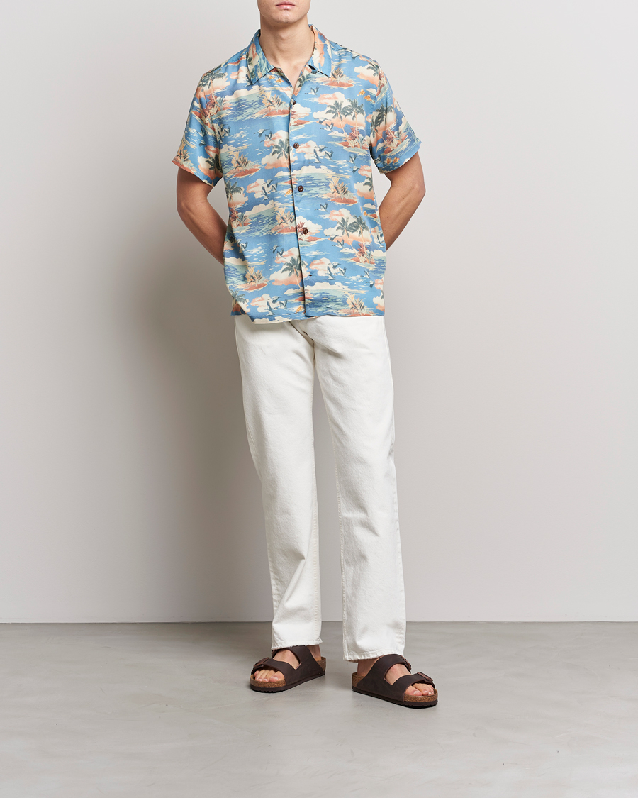Mies | Kauluspaidat | Nudie Jeans | Arvid Printed Short Sleeve Shirt Hawaii Azure