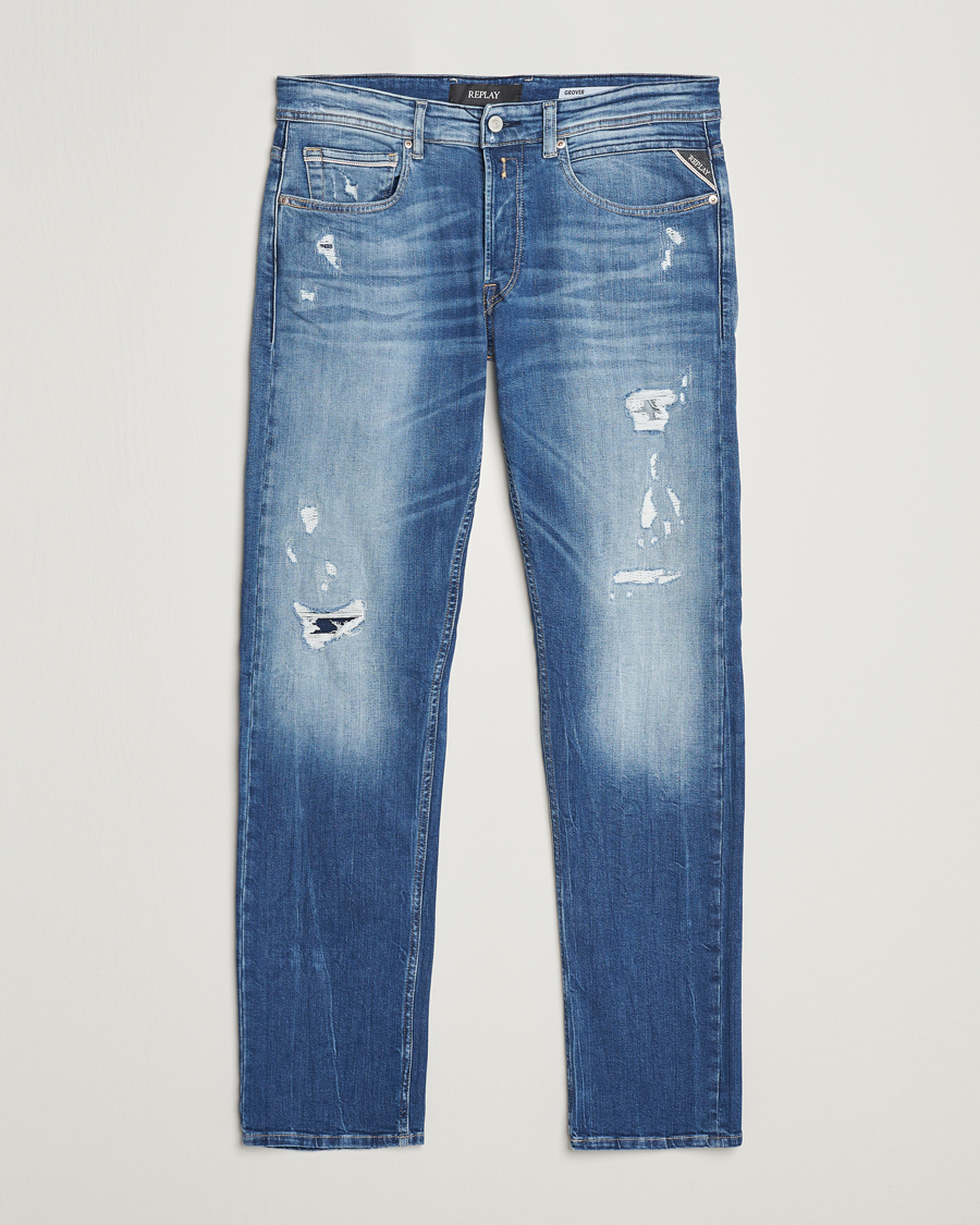 Mies | Farkut | Replay | Grover Straight Fit Stretch Shredded Jeans Blue