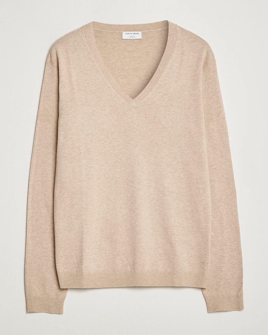 Mies | Puserot | Tiger of Sweden | Pernell Extra Fine Merino V-Neck Beige Melange