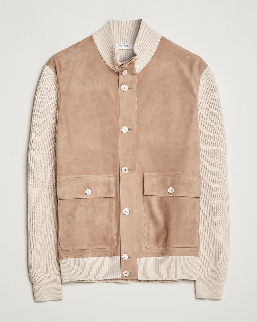 Mies | Takit | Brunello Cucinelli | Suede Knit Bomber Jacket Beige Suede