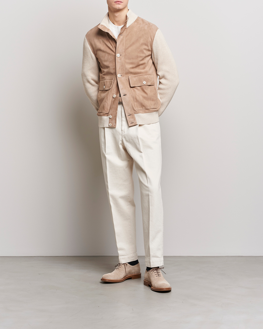 Mies | Takit | Brunello Cucinelli | Suede Knit Bomber Jacket Beige Suede