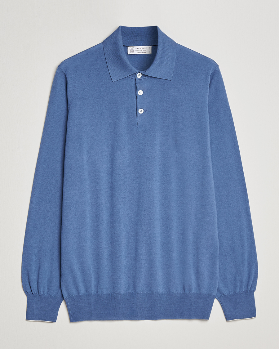 Mies | Puserot | Brunello Cucinelli | Cashmere/Wool Knitted Polo Oxford Blue