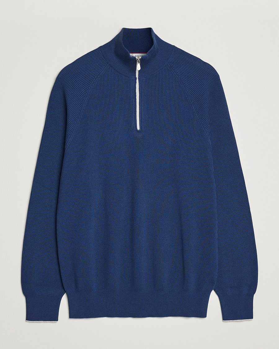Mies | Puserot | Brunello Cucinelli | Rib Stitch Half Zip  Ocean Blue