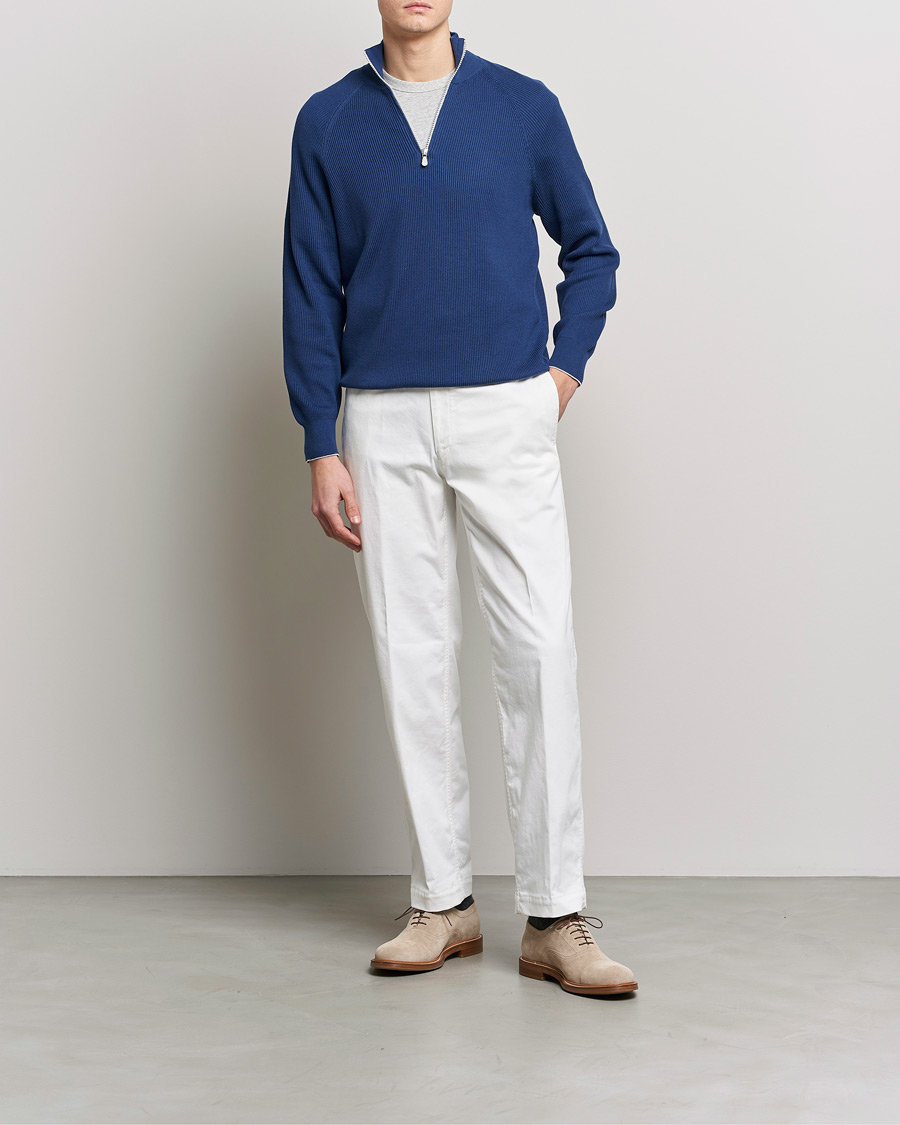 Mies | Puserot | Brunello Cucinelli | Rib Stitch Half Zip  Ocean Blue