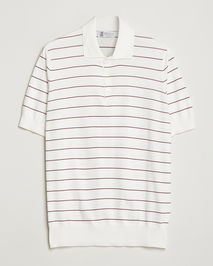 Mies | Pikeet | Brunello Cucinelli | Short Sleeve Striped Knitted Polo White/Burgundy