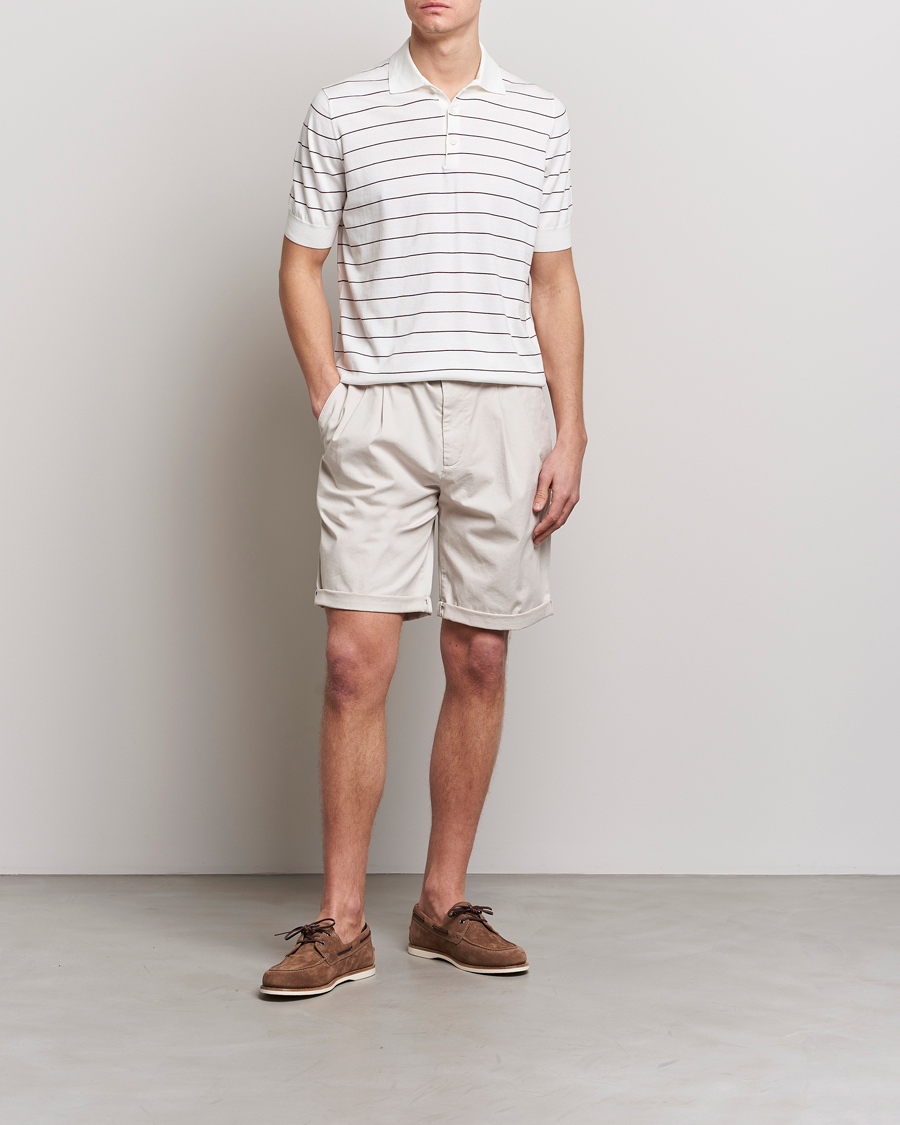 Mies | Pikeet | Brunello Cucinelli | Short Sleeve Striped Knitted Polo White/Burgundy