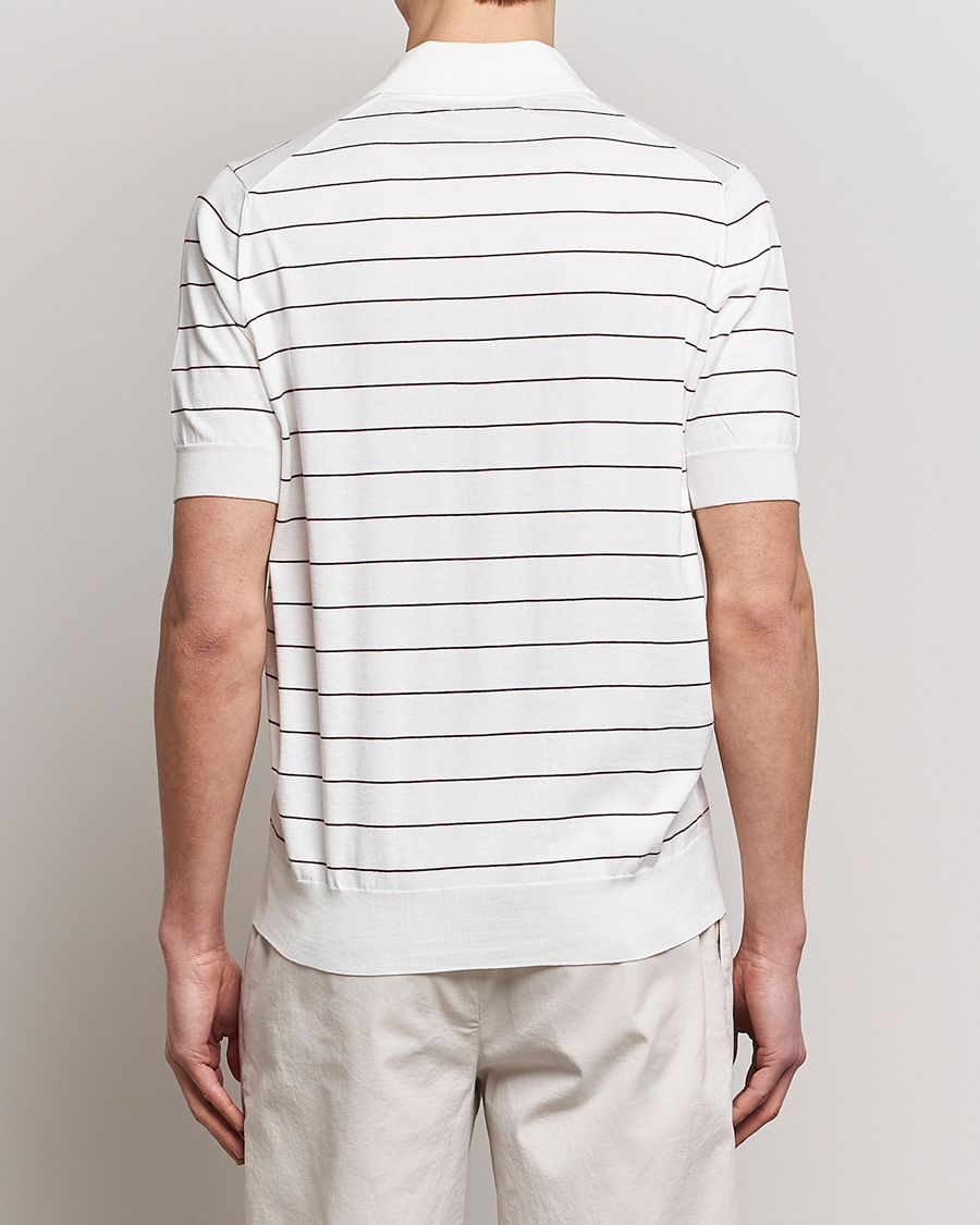 Mies | Pikeet | Brunello Cucinelli | Short Sleeve Striped Knitted Polo White/Burgundy