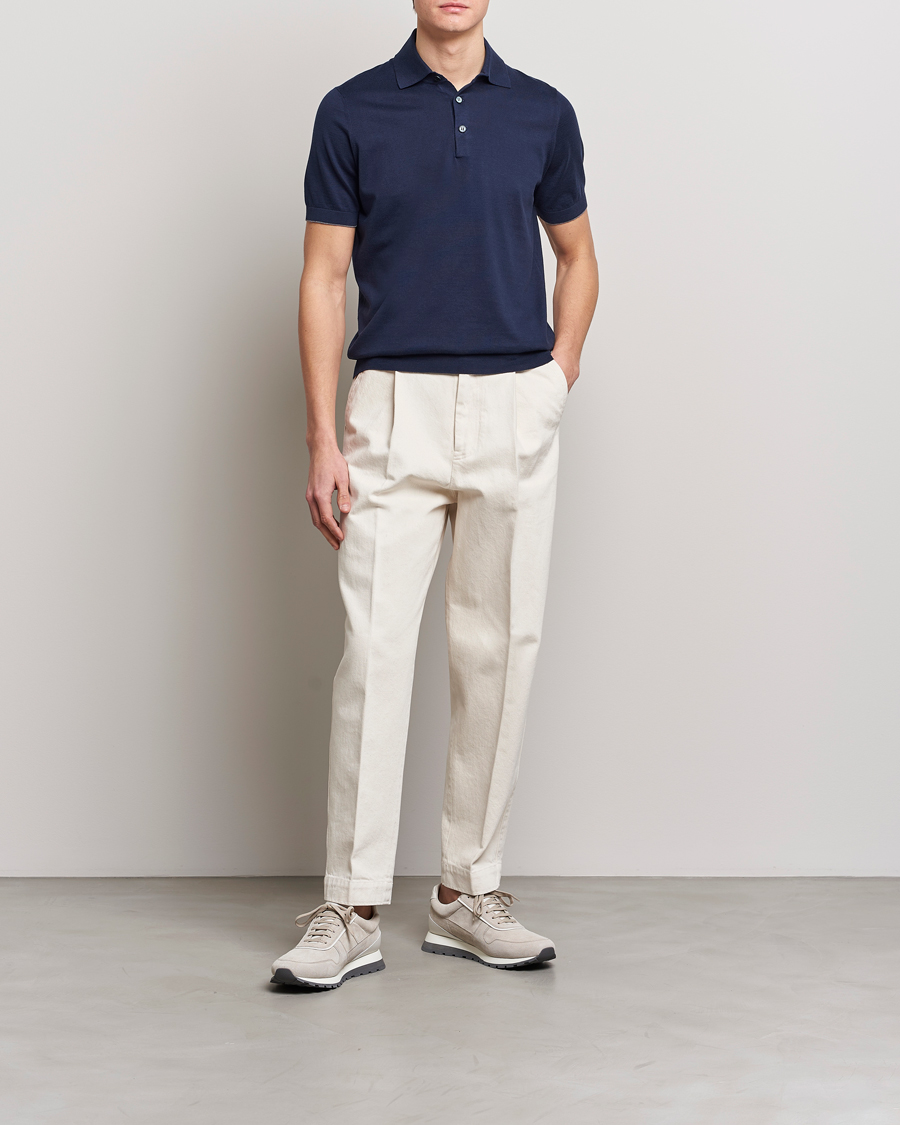 Mies | Pikeet | Brunello Cucinelli | Short Sleeve Knitted Polo Navy