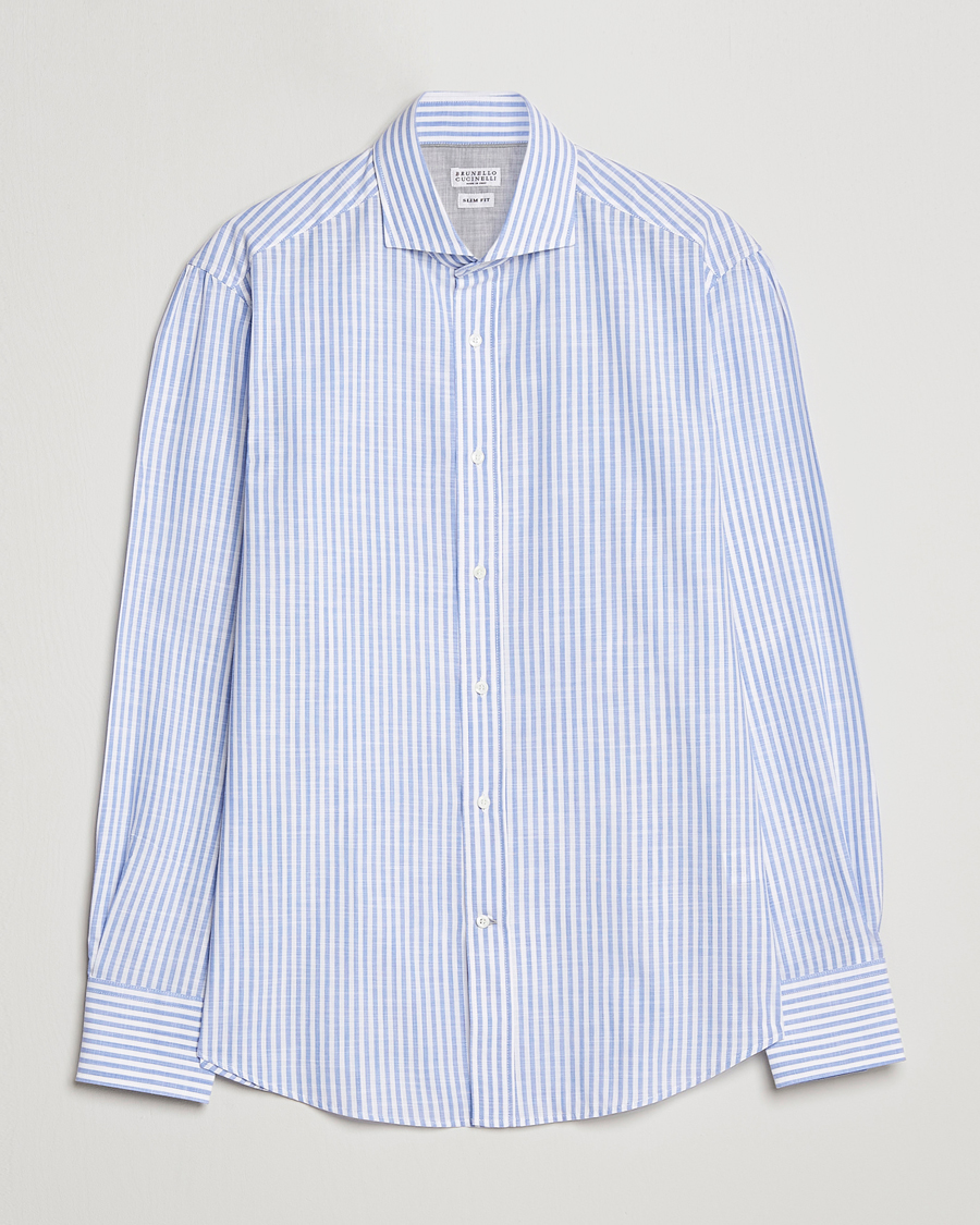 Mies | Kauluspaidat | Brunello Cucinelli | Slim Fit Linen Striped Shirt Light Blue