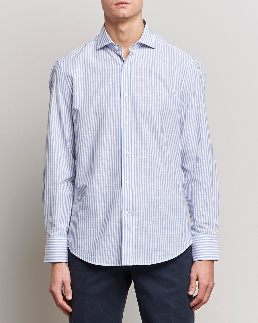 Mies | Pellavan paluu | Brunello Cucinelli | Slim Fit Linen Striped Shirt Light Blue