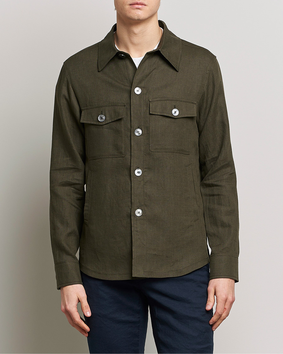 Mies | Overshirts | Oscar Jacobson | Maverick Linen Shirt Jacket Olive