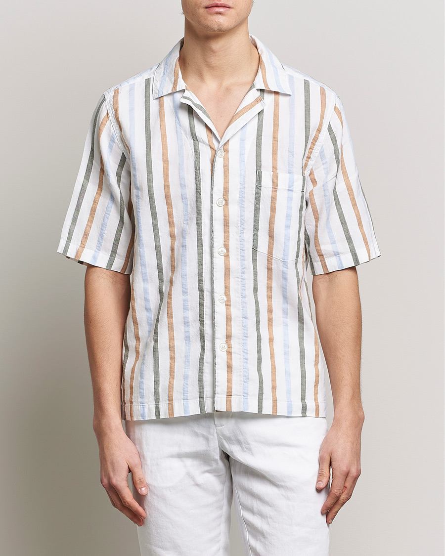 Mies | Kauluspaidat | Oscar Jacobson | Cuban Short Sleeve Multi Stripe Shirt White