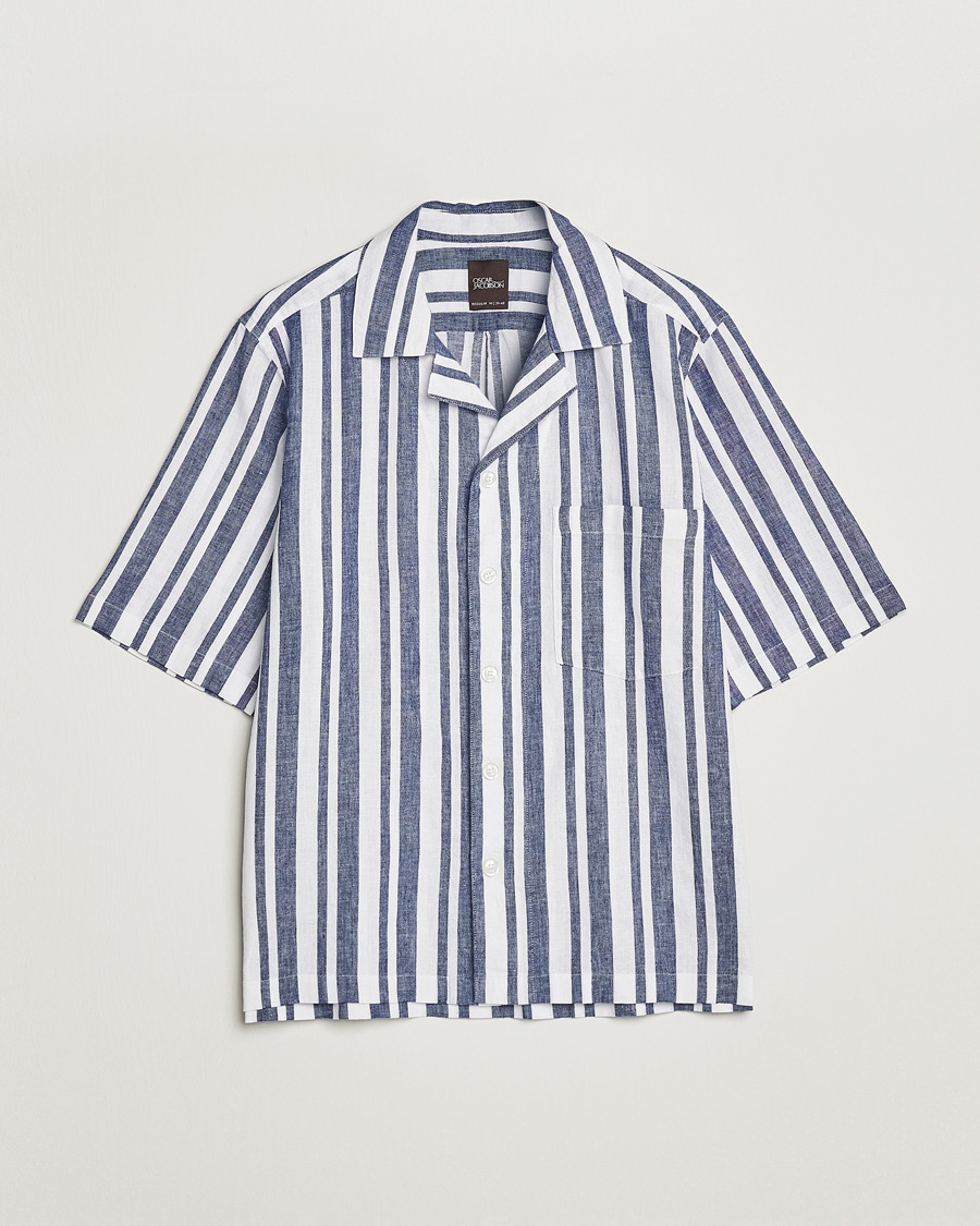 Mies | Kauluspaidat | Oscar Jacobson | Cuban Short Sleeve Riviera Stripe Shirt White