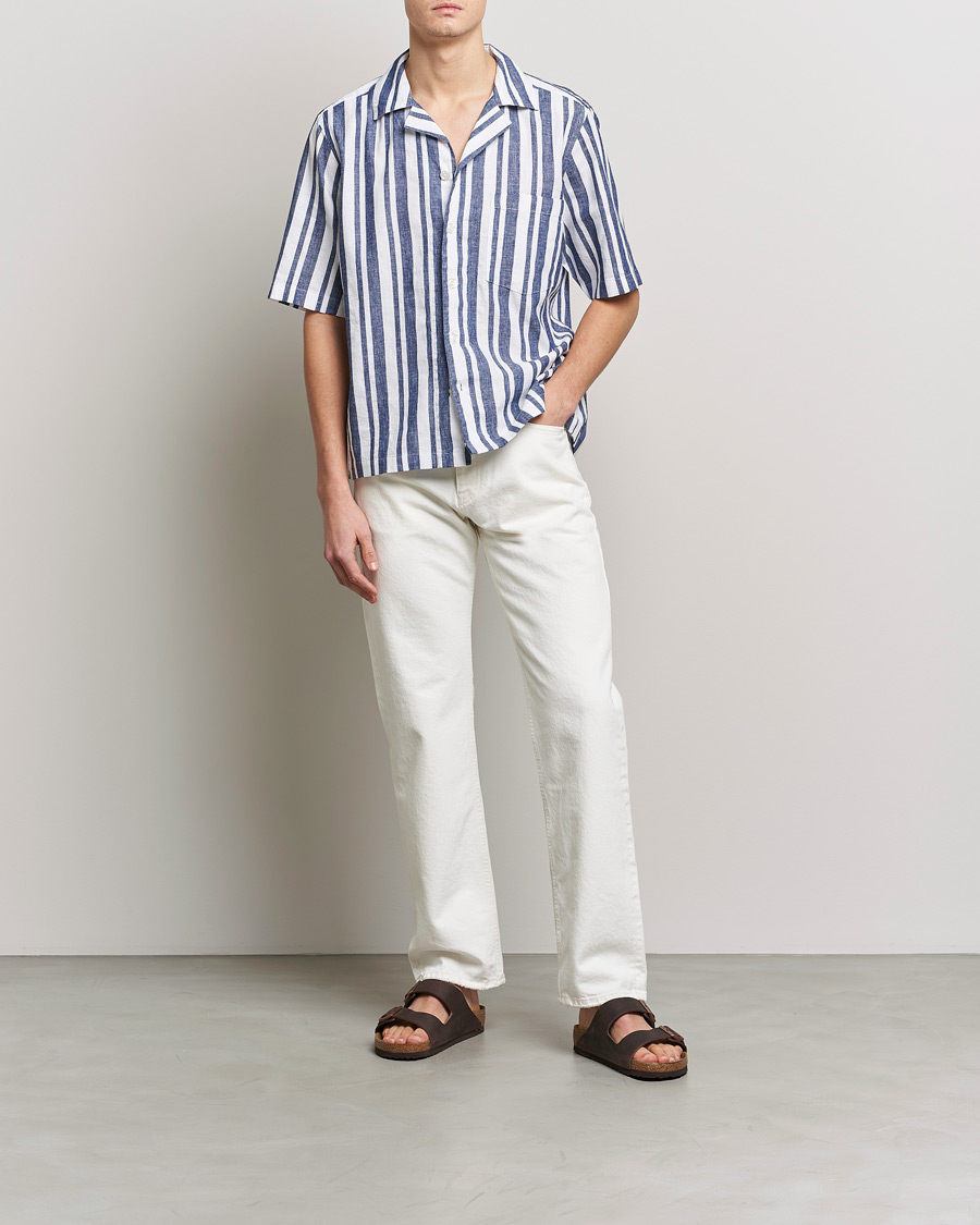 Mies | Kauluspaidat | Oscar Jacobson | Cuban Short Sleeve Riviera Stripe Shirt White