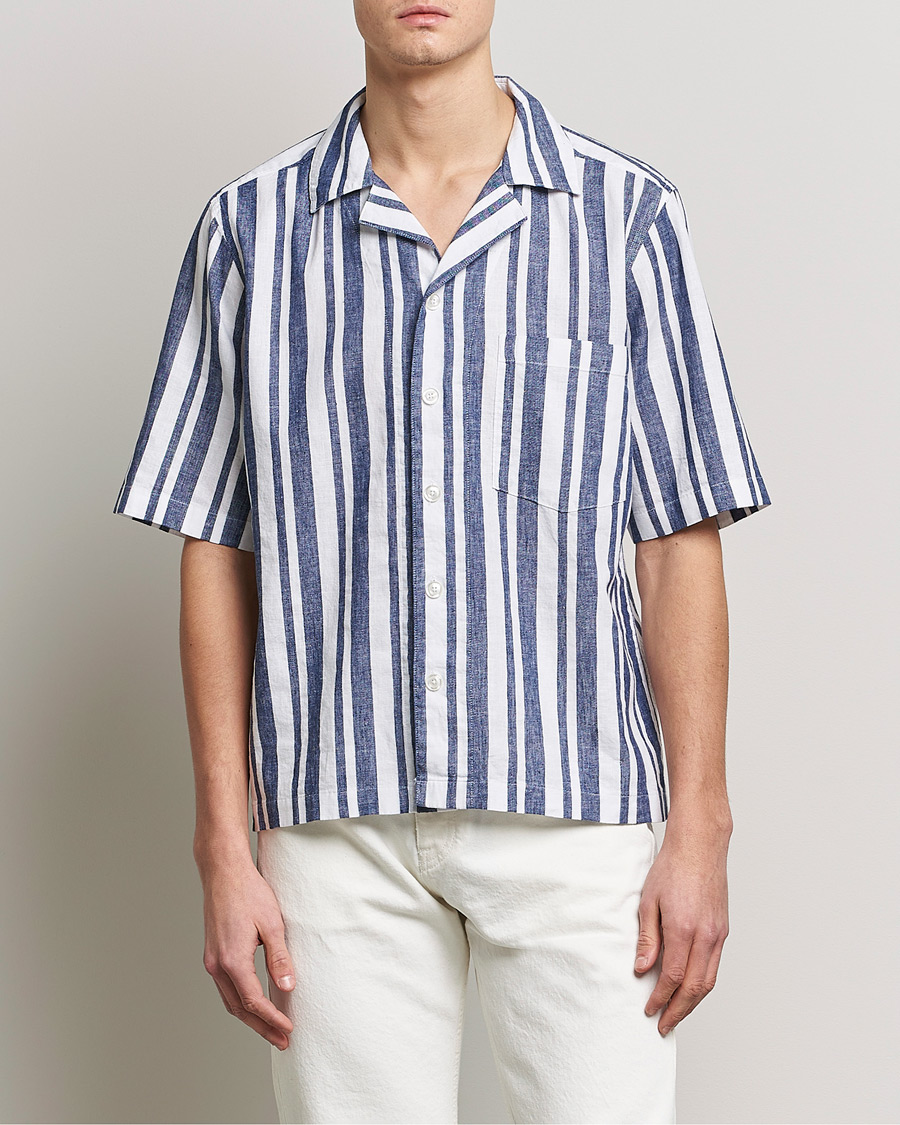 Mies | Kauluspaidat | Oscar Jacobson | Cuban Short Sleeve Riviera Stripe Shirt White