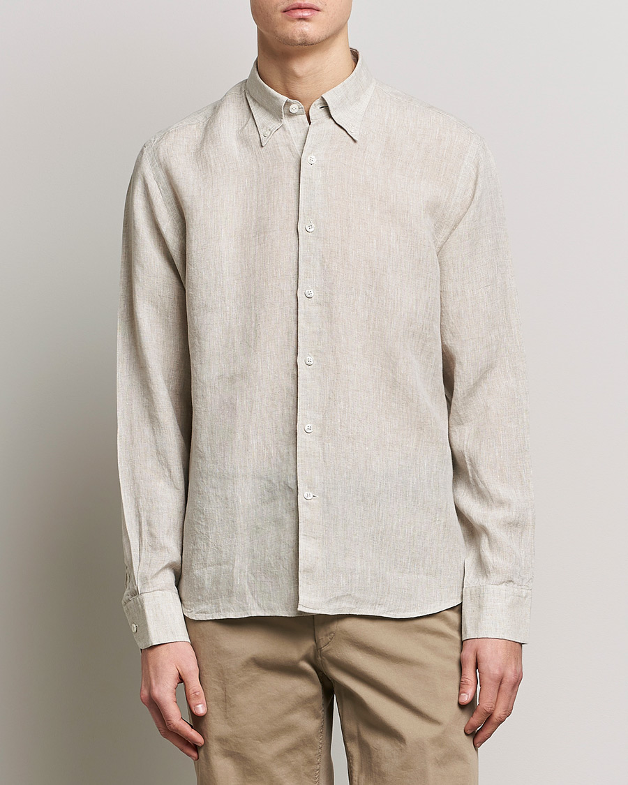 Mies |  | Oscar Jacobson | Regular Fit Button Down Linen Shirt Beige