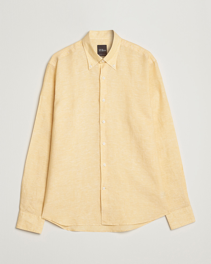 Mies | Kauluspaidat | Oscar Jacobson | Regular Fit Button Down Linen Shirt Yellow