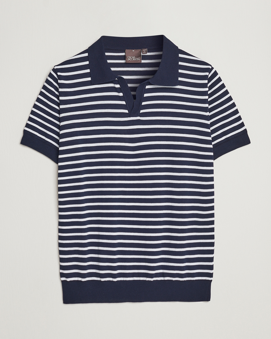 Mies | Pikeet | Oscar Jacobson | Devon Short Sleeve Striped Cotton Polo White/Blue