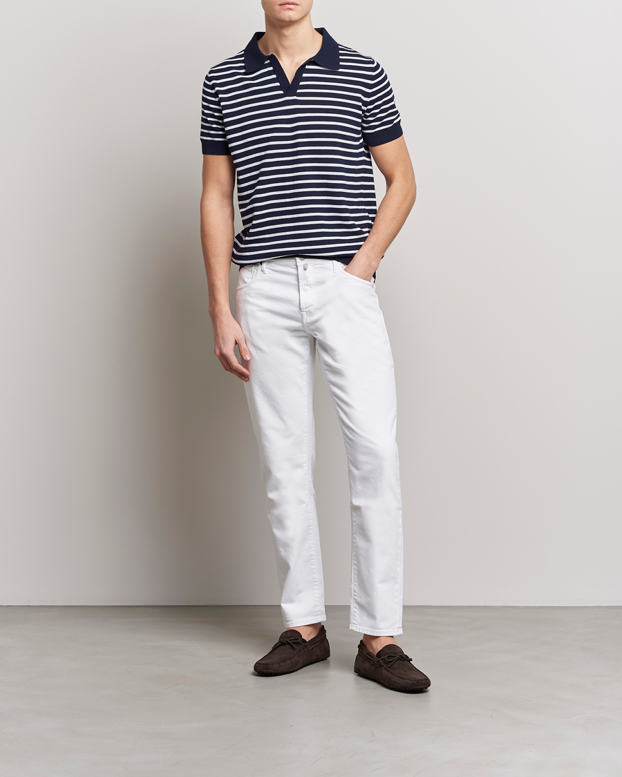 Mies | Pikeet | Oscar Jacobson | Devon Short Sleeve Striped Cotton Polo White/Blue