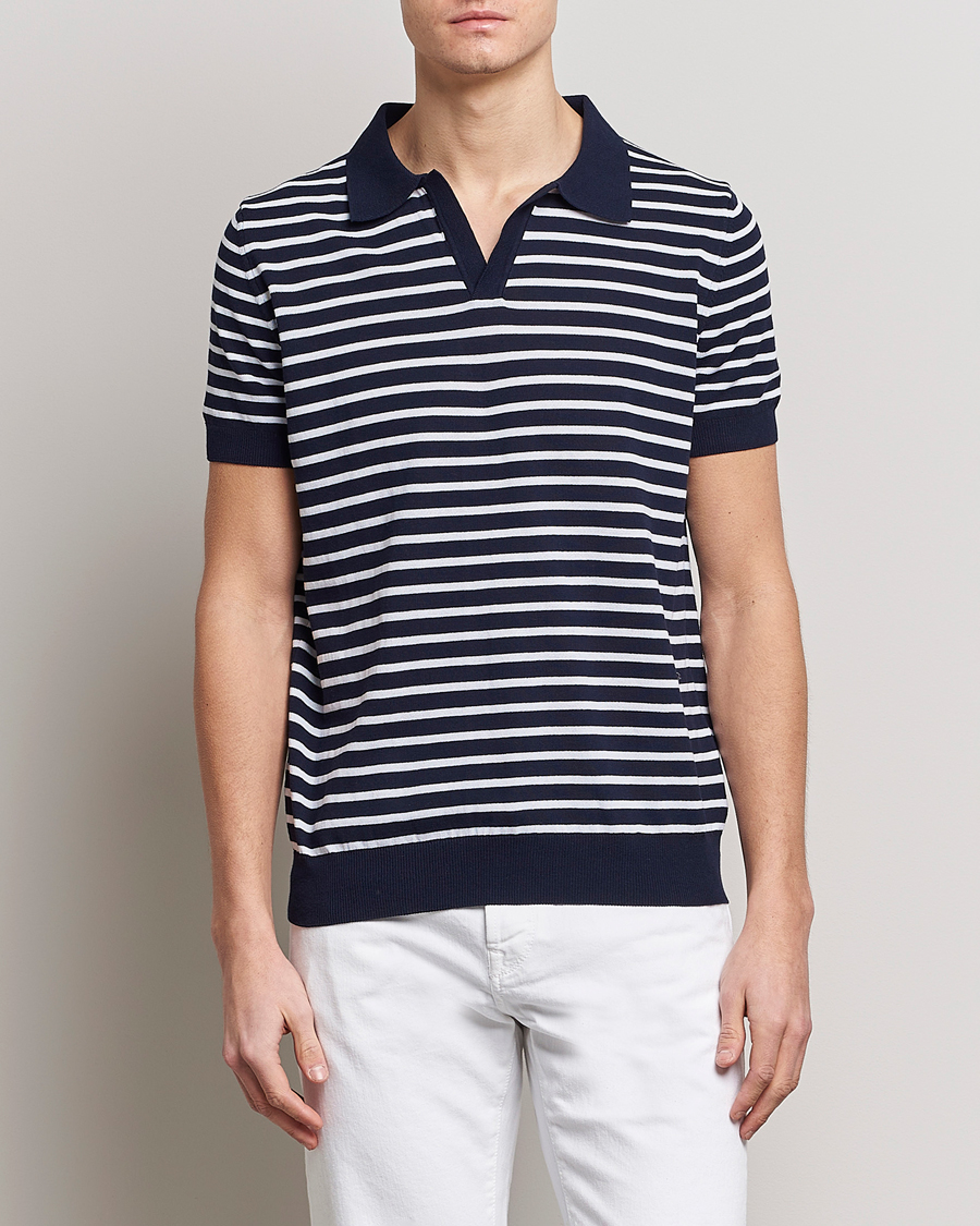 Mies |  | Oscar Jacobson | Devon Short Sleeve Striped Cotton Polo White/Blue