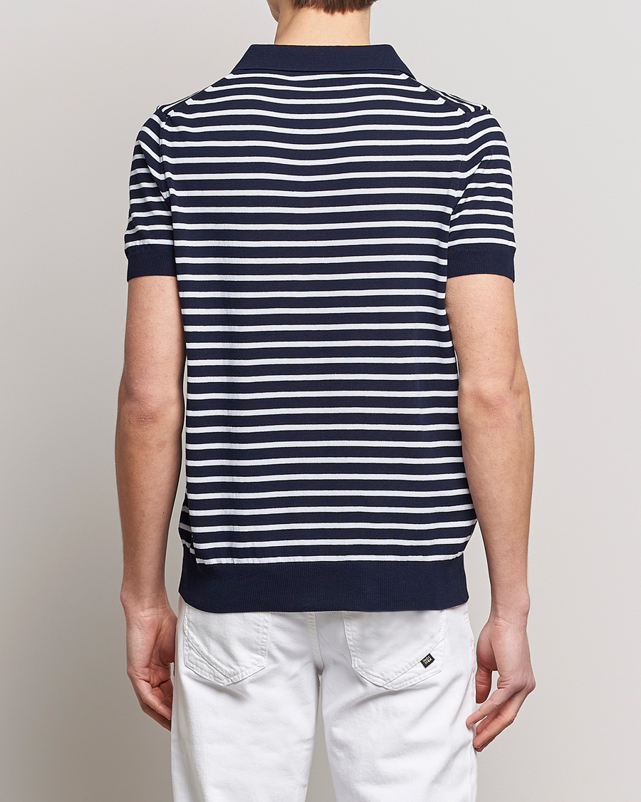 Mies | Pikeet | Oscar Jacobson | Devon Short Sleeve Striped Cotton Polo White/Blue