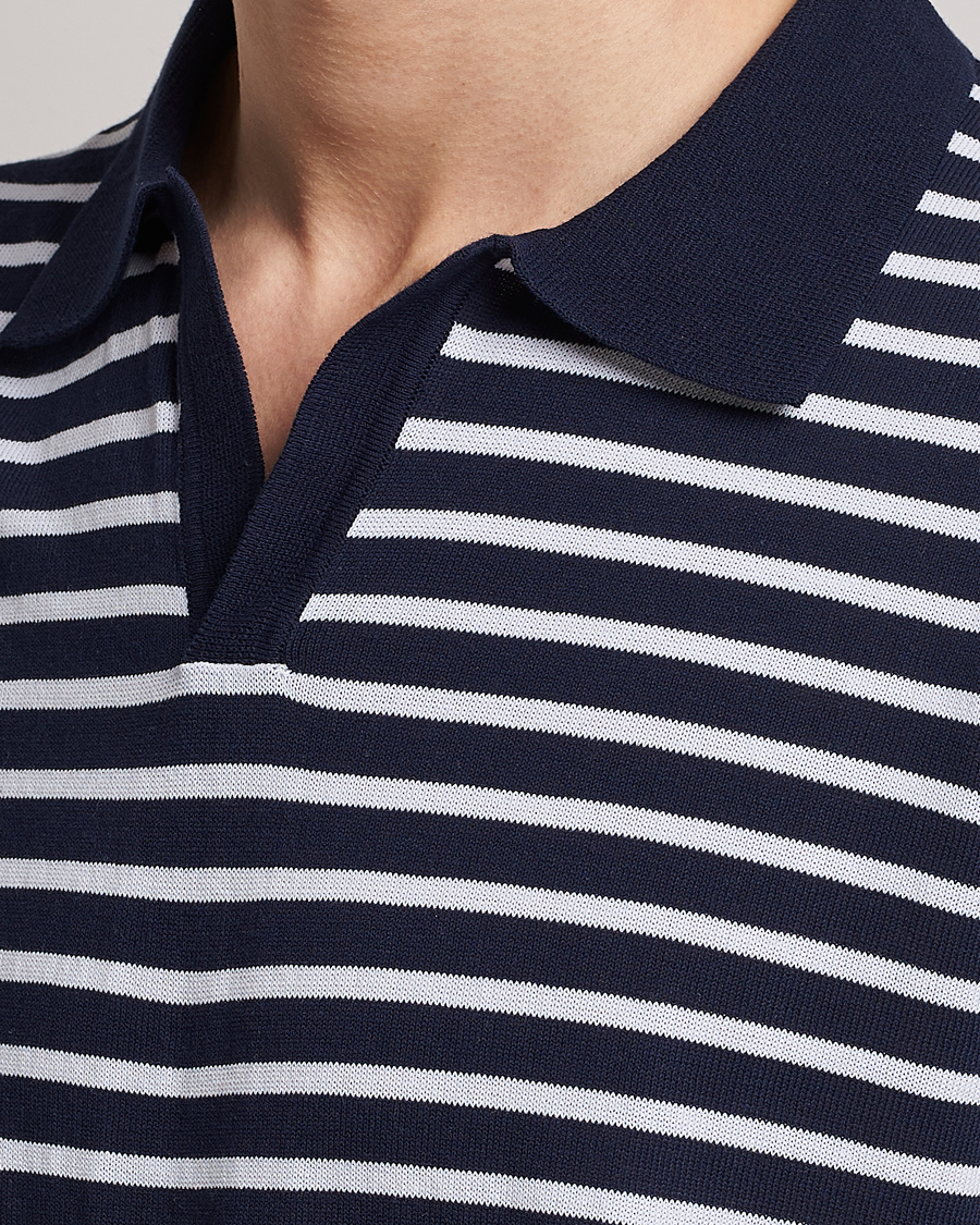 Mies | Pikeet | Oscar Jacobson | Devon Short Sleeve Striped Cotton Polo White/Blue