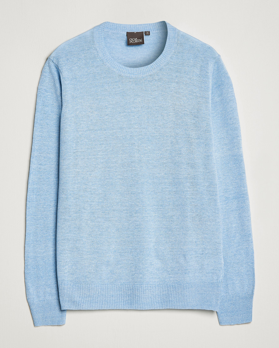 Mies | Puserot | Oscar Jacobson | Valter Linen/Cotton Crew Neck Light Blue