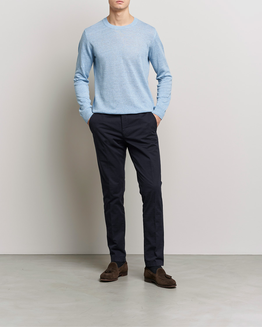 Mies | Puserot | Oscar Jacobson | Valter Linen/Cotton Crew Neck Light Blue
