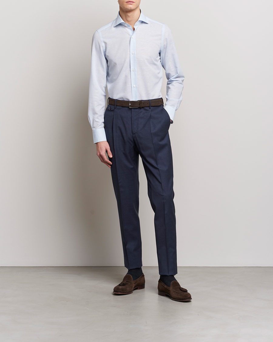Mies | Kauluspaidat | Finamore Napoli | Milano Slim Linen Dress Shirt Light Blue