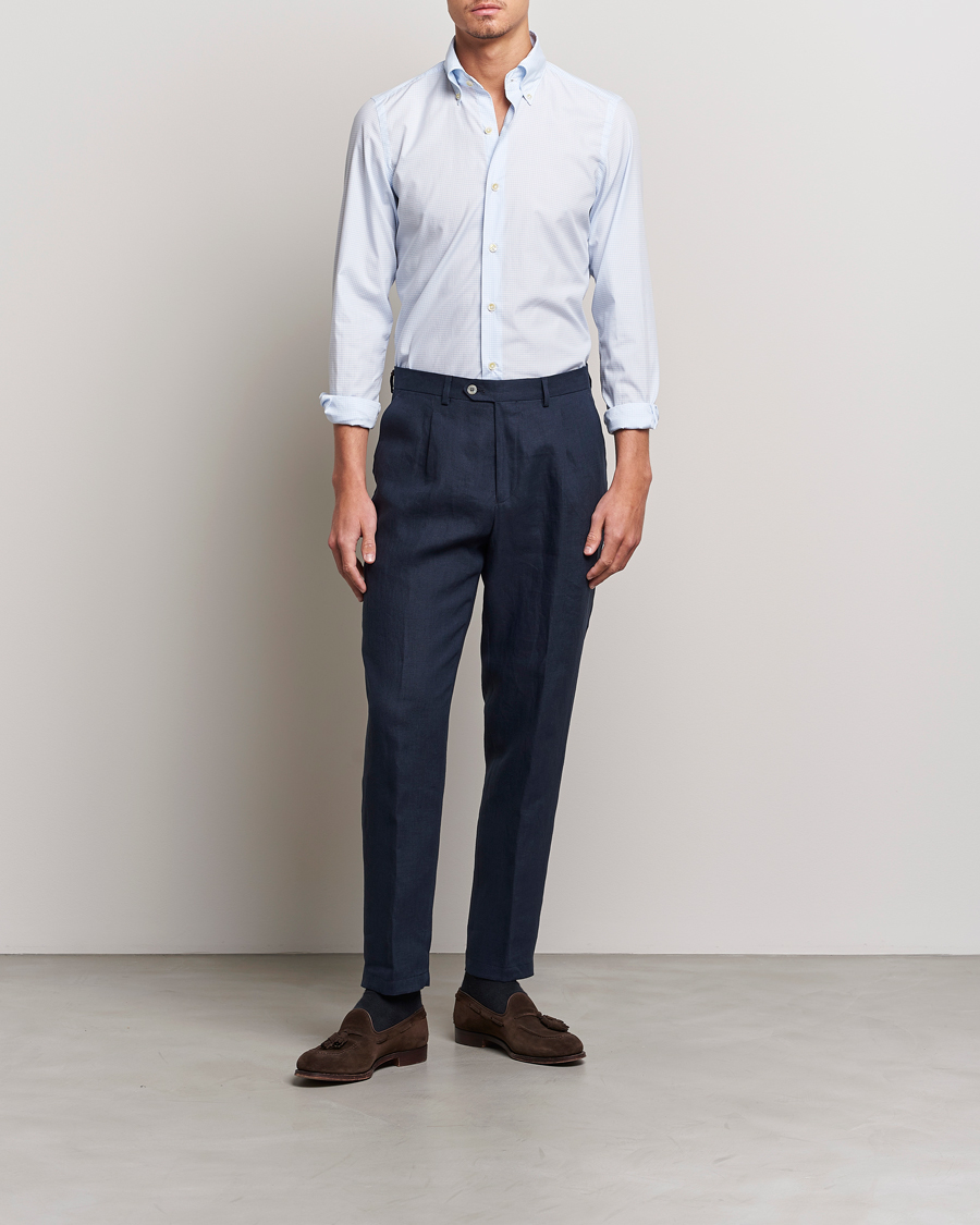 Mies | Kauluspaidat | Finamore Napoli | Milano Slim Washed Dress Shirt Light Blue Check