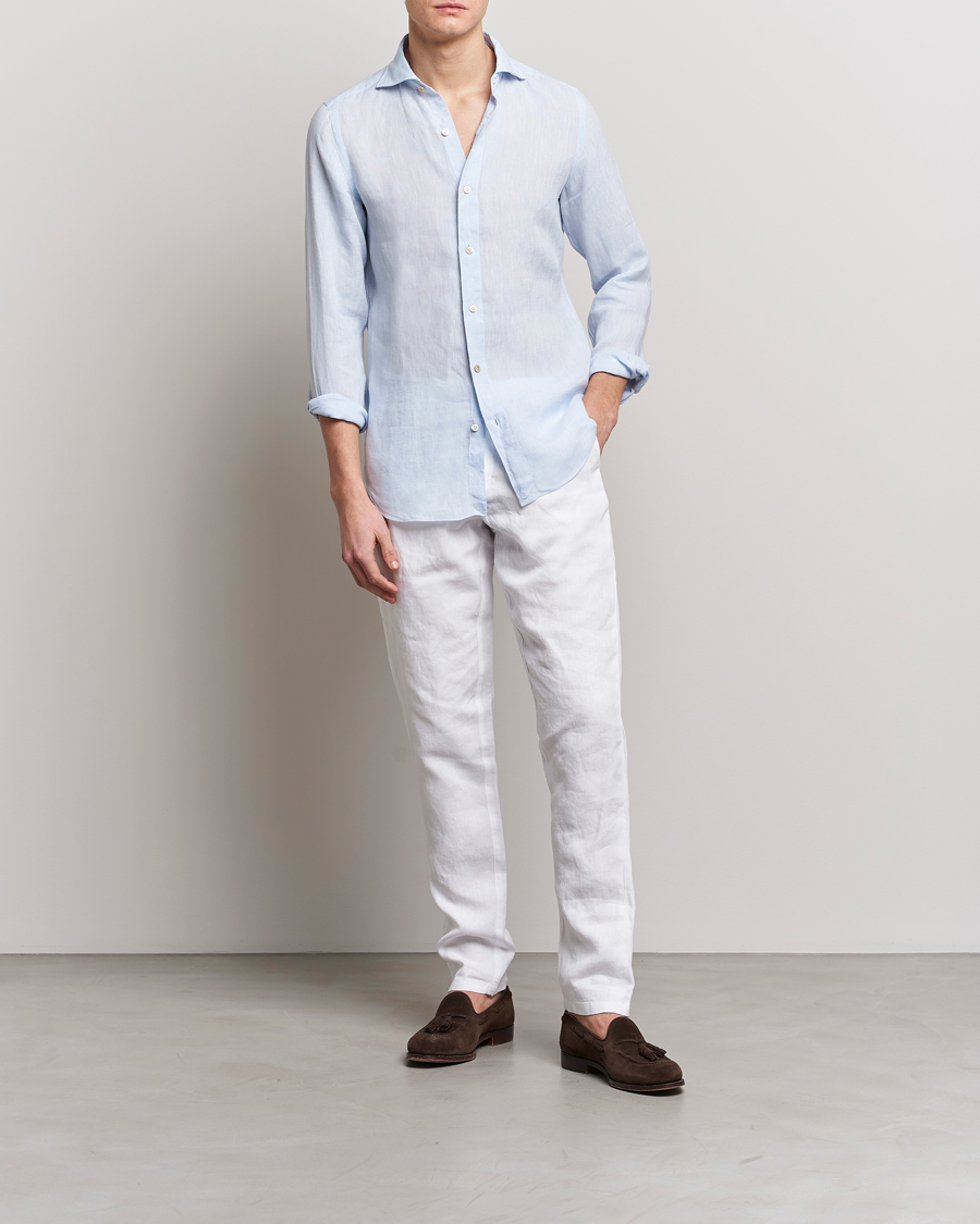 Mies | Kauluspaidat | Finamore Napoli | Tokyo Slim Linen Shirt Light Blue