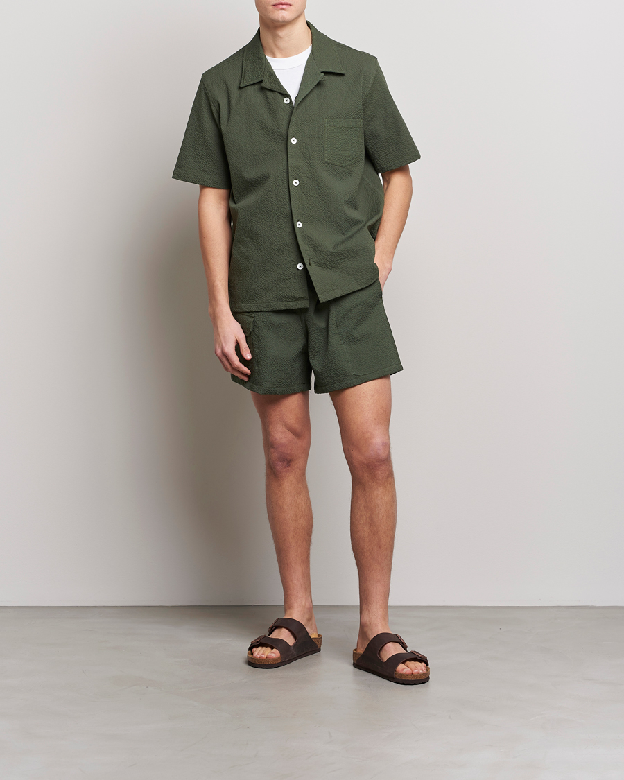 Mies | Kauluspaidat | Howlin' | Short Sleeve Cotton Seersucker Shirt Greenish