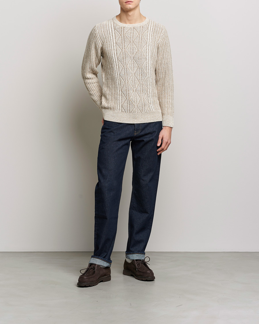 Mies | Puserot | Inis Meáin | Patented Aran Knitted Linen Crew Neck Beige