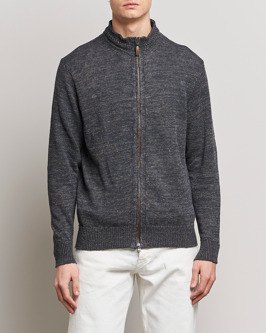 Mies | Full-zip | Inis Meáin | Chevron Washed Donegal Linen Zipper Stone