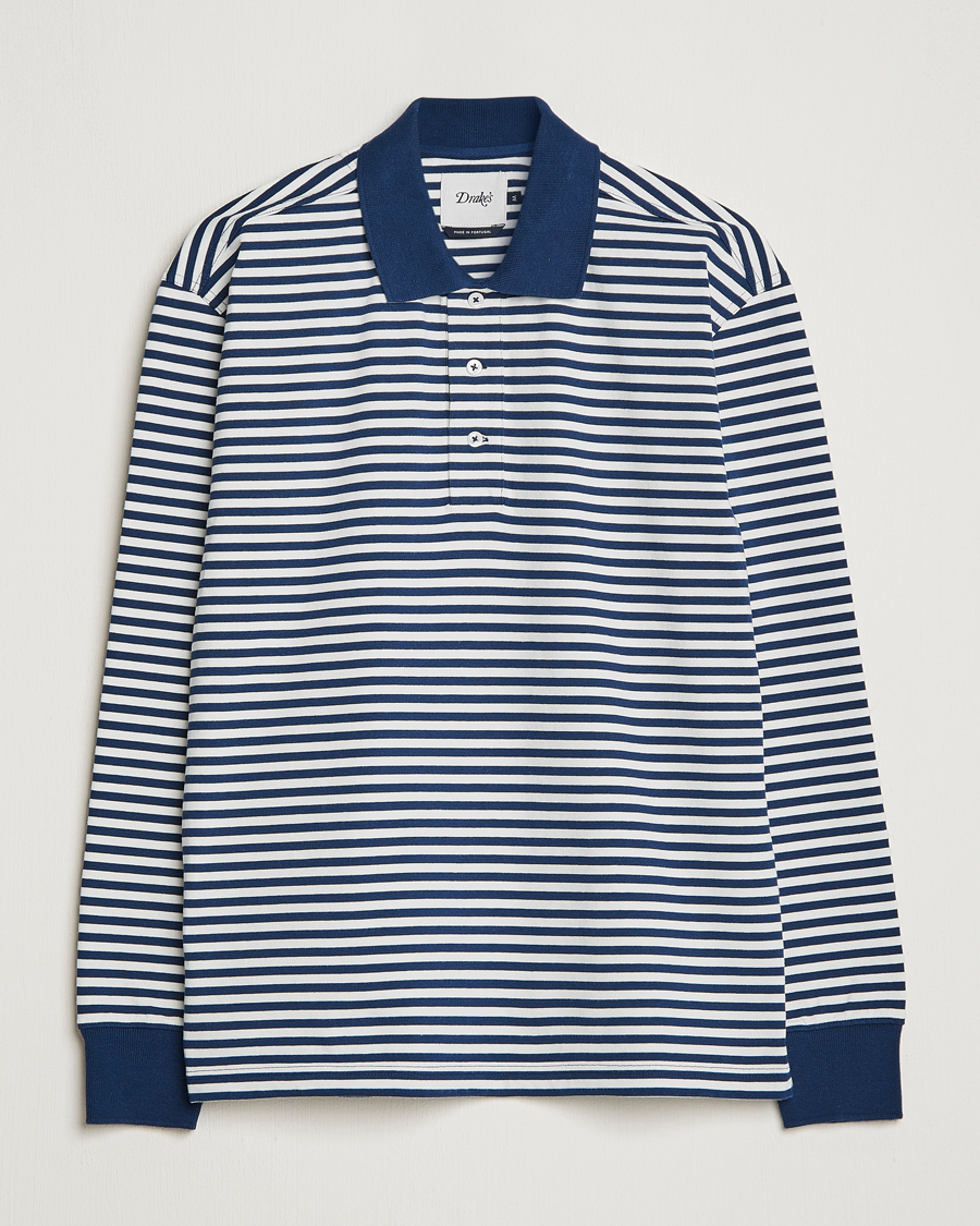 Mies | Puserot | Drake's | Striped Long Sleeve Jersey Polo White/Navy