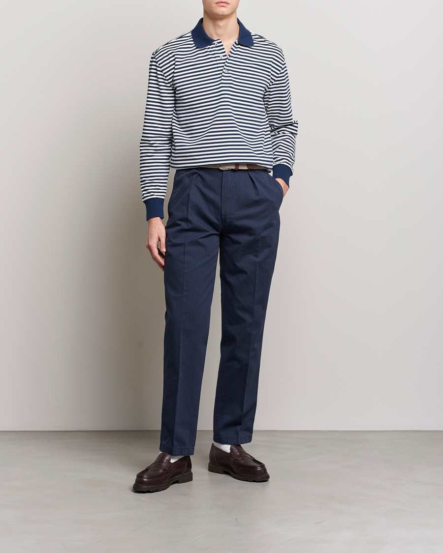 Mies | Puserot | Drake's | Striped Long Sleeve Jersey Polo White/Navy