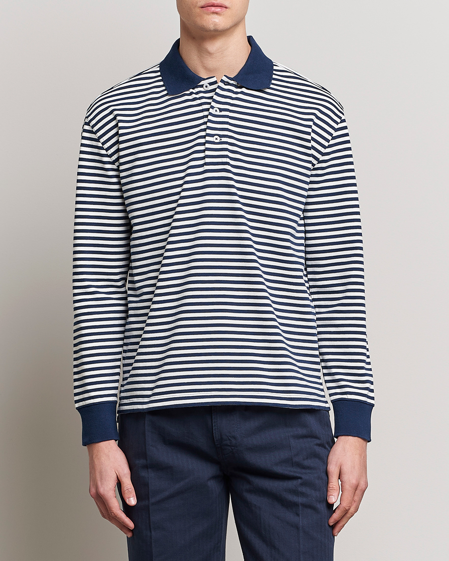 Mies |  | Drake's | Striped Long Sleeve Jersey Polo White/Navy