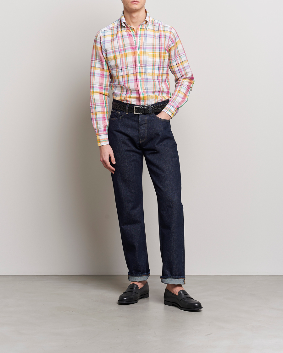 Mies | Kauluspaidat | Drake's | Checked Button Down Linen Shirt Multi