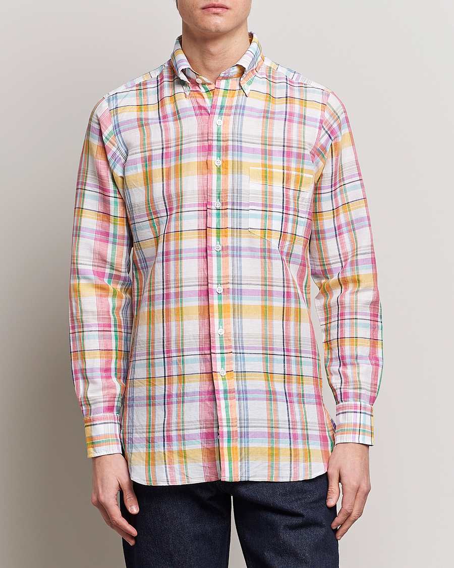 Mies |  | Drake's | Checked Button Down Linen Shirt Multi