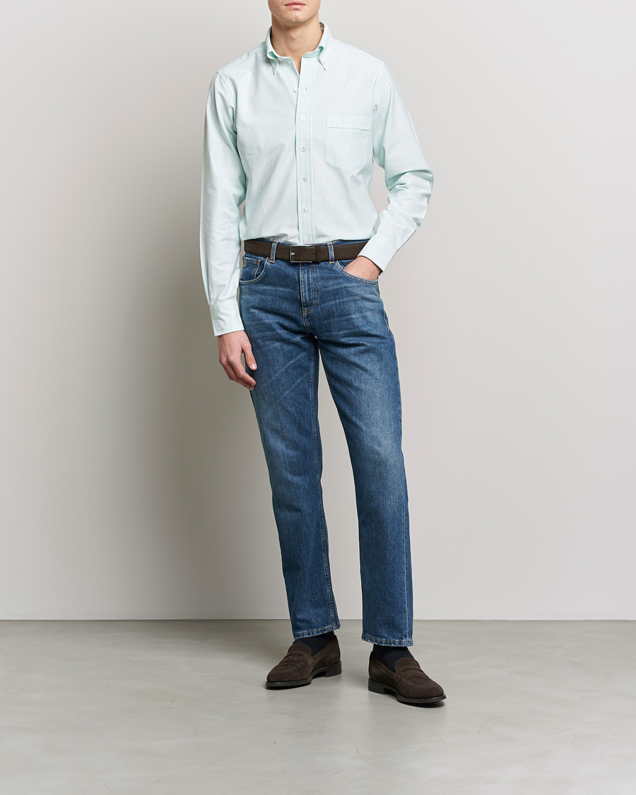 Mies | Kauluspaidat | Drake's | Striped Button Down Oxford Shirt Green