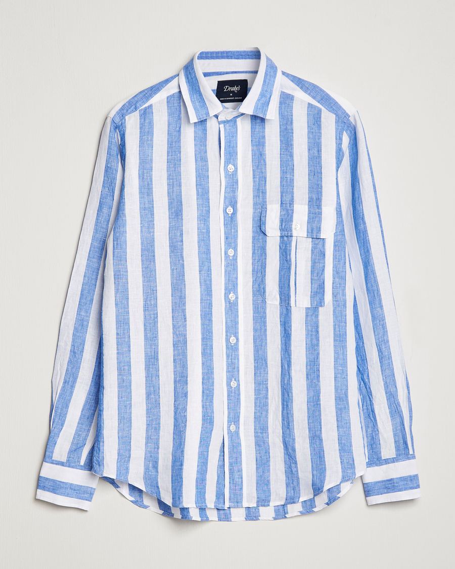 Mies | Kauluspaidat | Drake's | Broad Stripe Linen Spread Collar Shirt Blue
