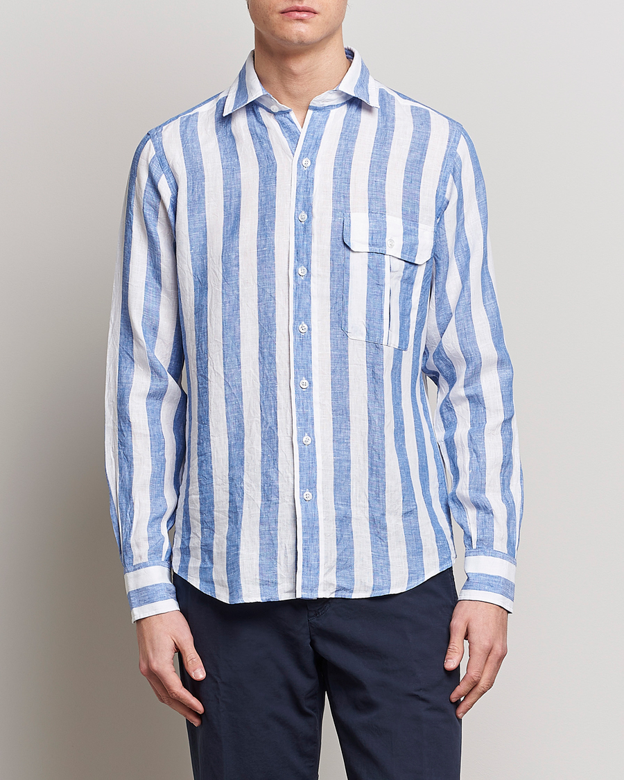 Mies |  | Drake's | Broad Stripe Linen Spread Collar Shirt Blue